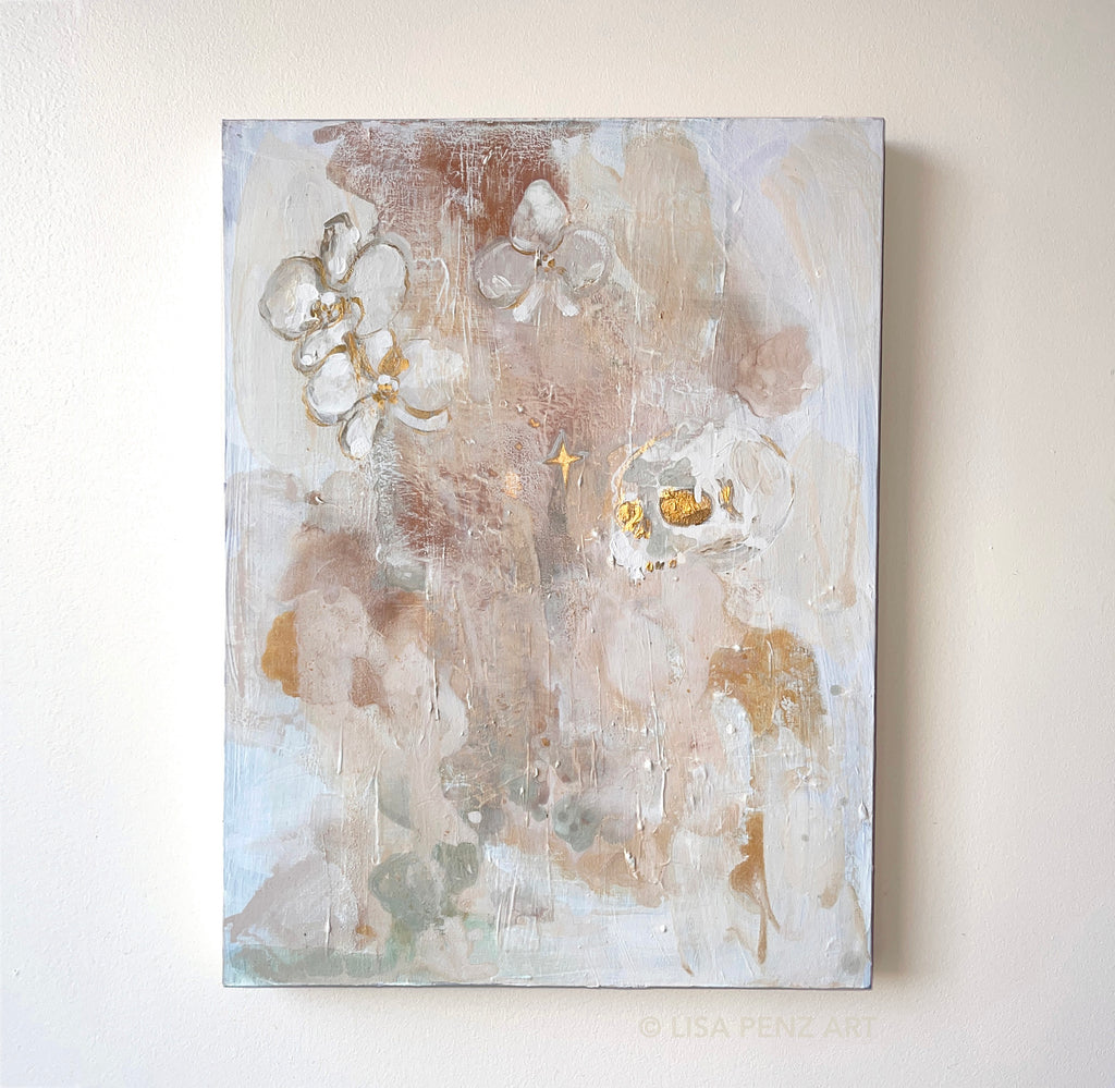 Beach house neutral abstract painting with a skull and orchid florals in white, gold and cream