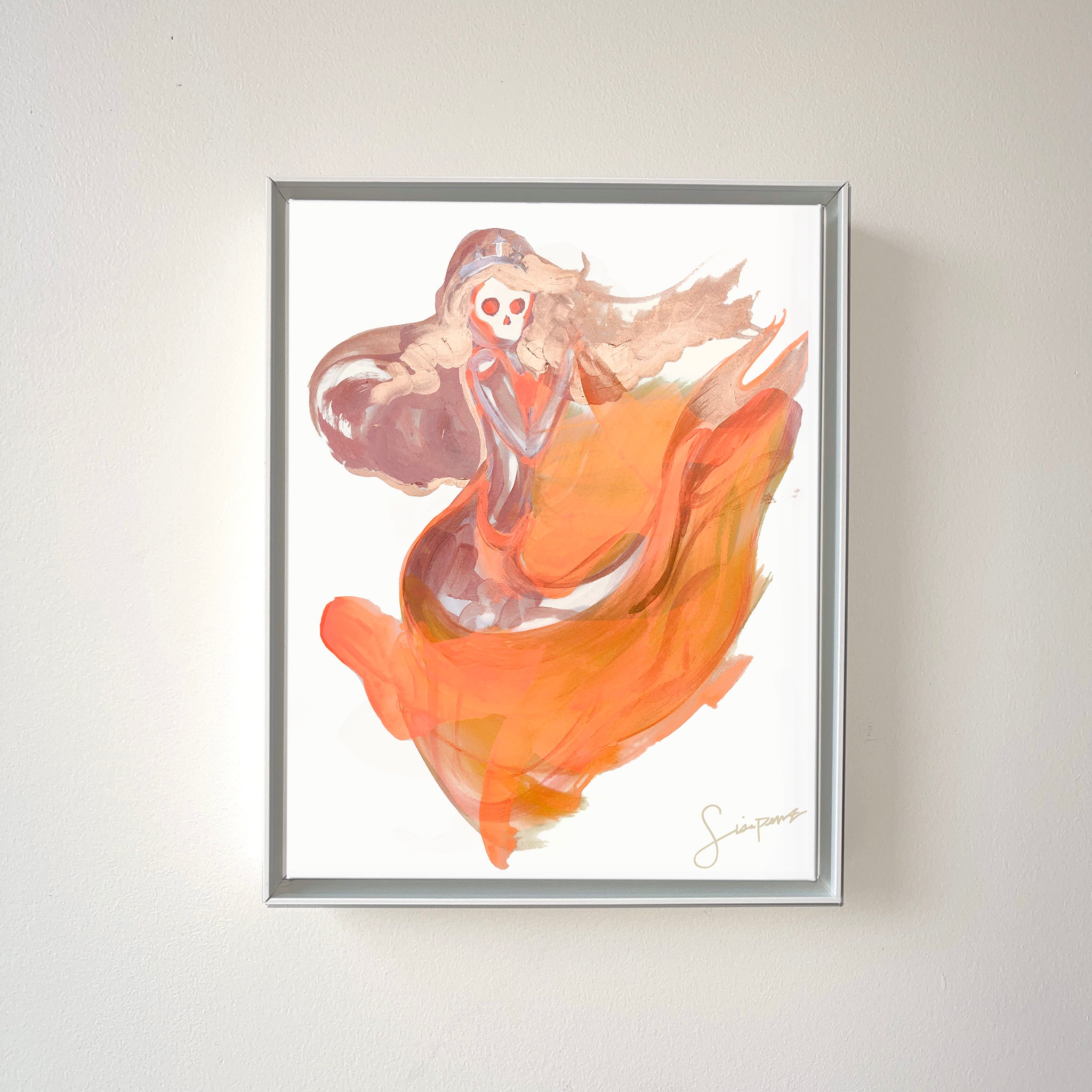 Skeleton mermaid painting framed in warm tone peach