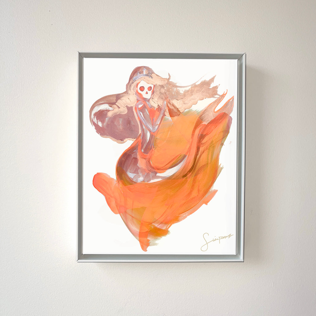 Skeleton mermaid painting framed in warm tone peach