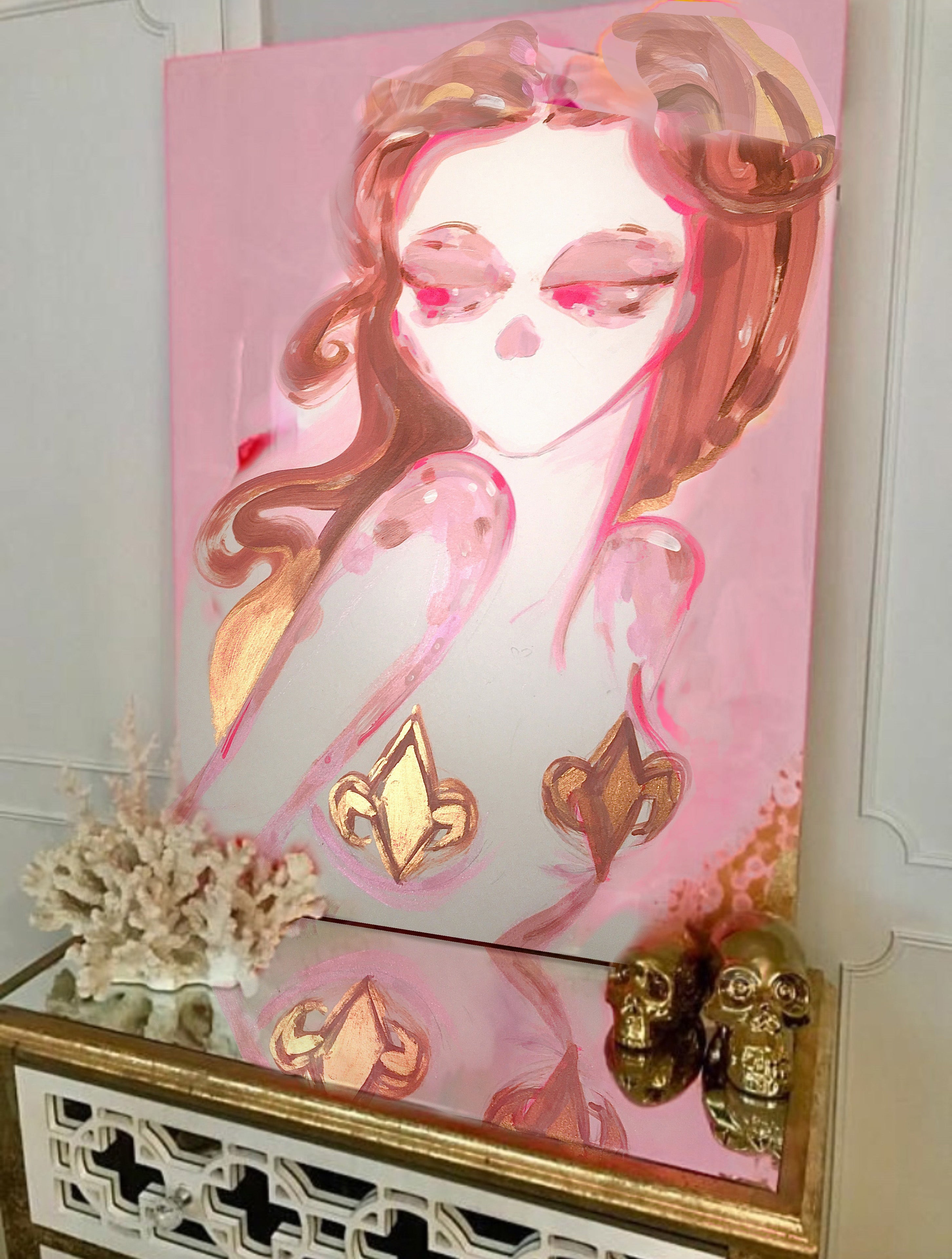 Luxury art decor gold fleur de lis skull New Orleans female artist