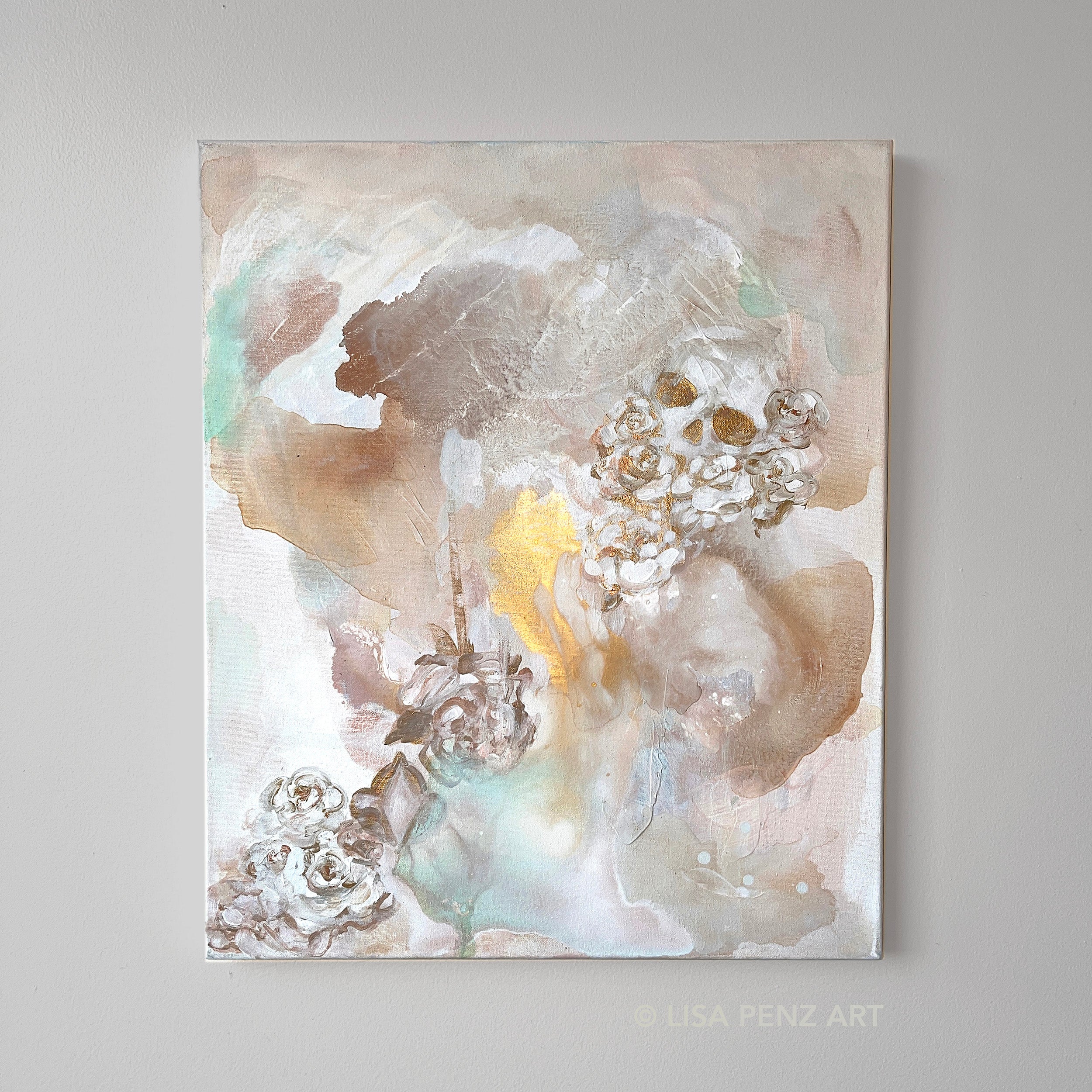 Skull painting with florals abstract art neutrals